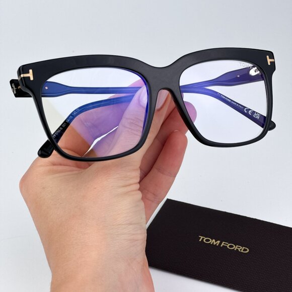 Tom Ford FT5768-B 001 BRAND NEW Eyeglasses Shiny Black Blue Block Square Women